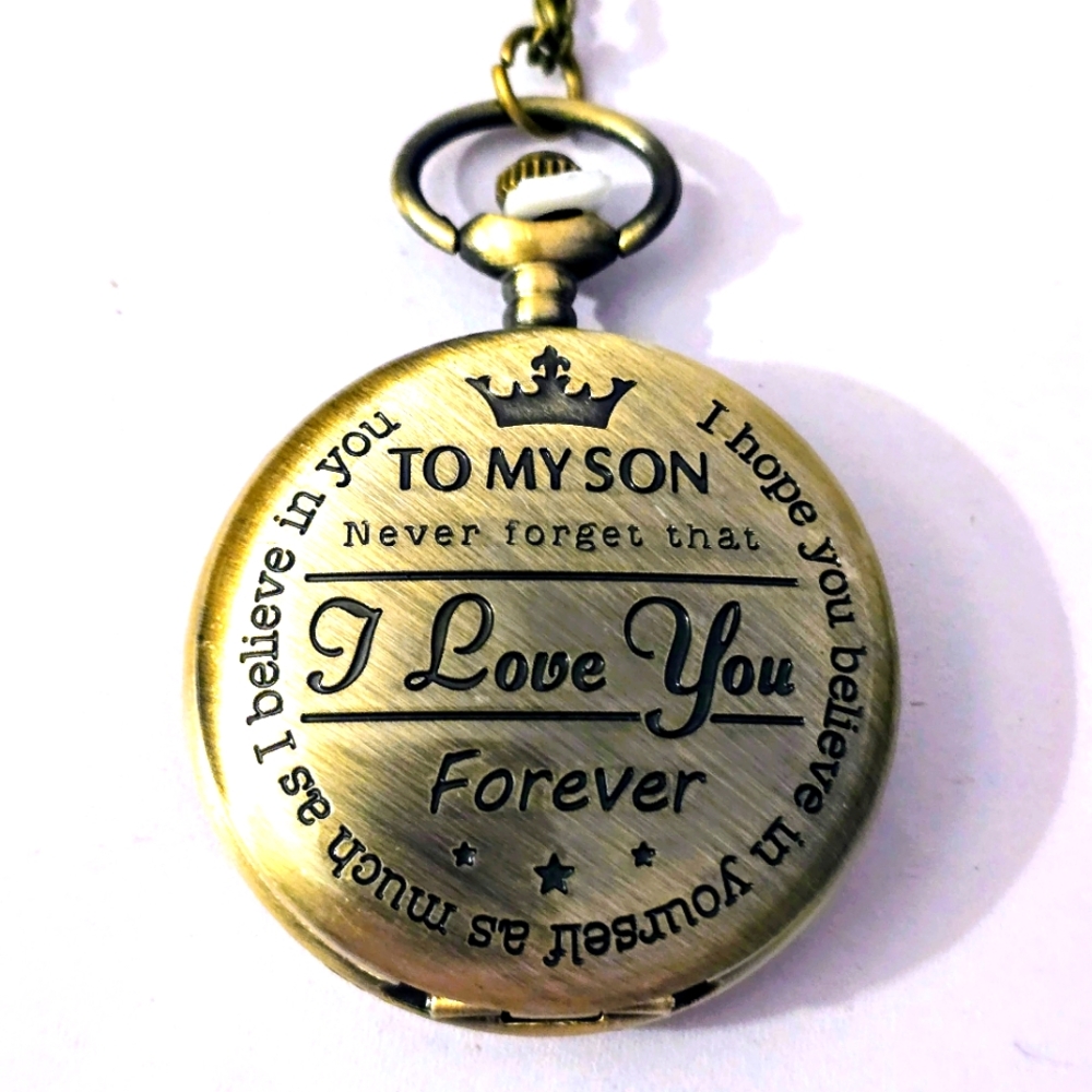 "To My Son" Pocket Watch W/Winder & Long Chain